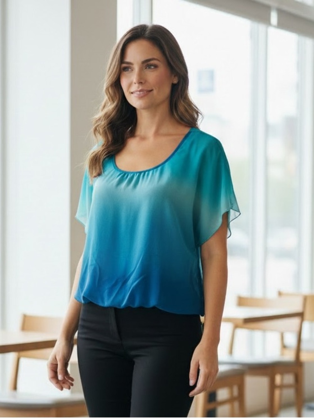 Women’s Teal Ombre Blouse with Sheer Overlay